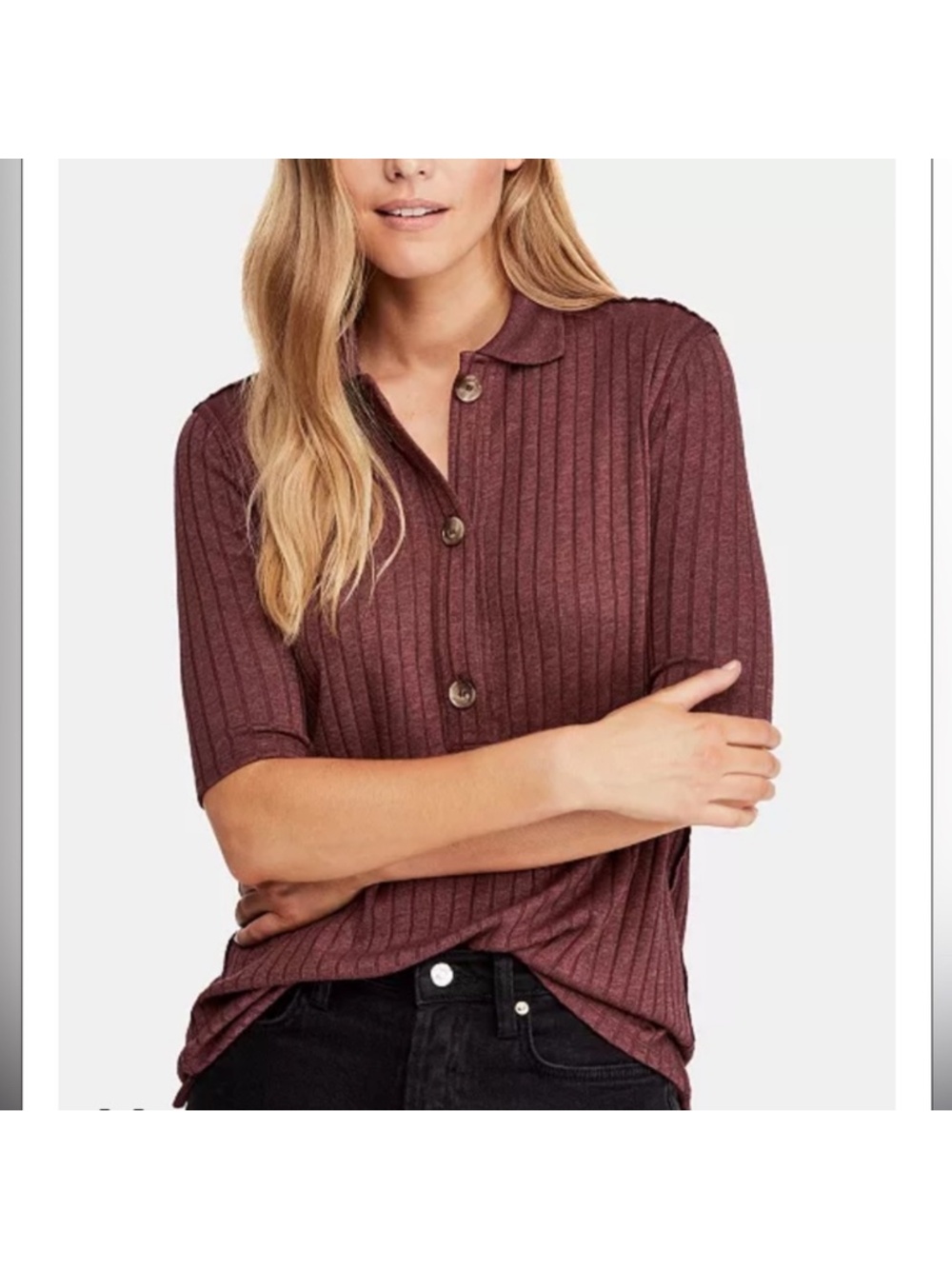 Free People Knit Top Heart Strings Short Sleeve Ribbed Shirt Mahogany Small